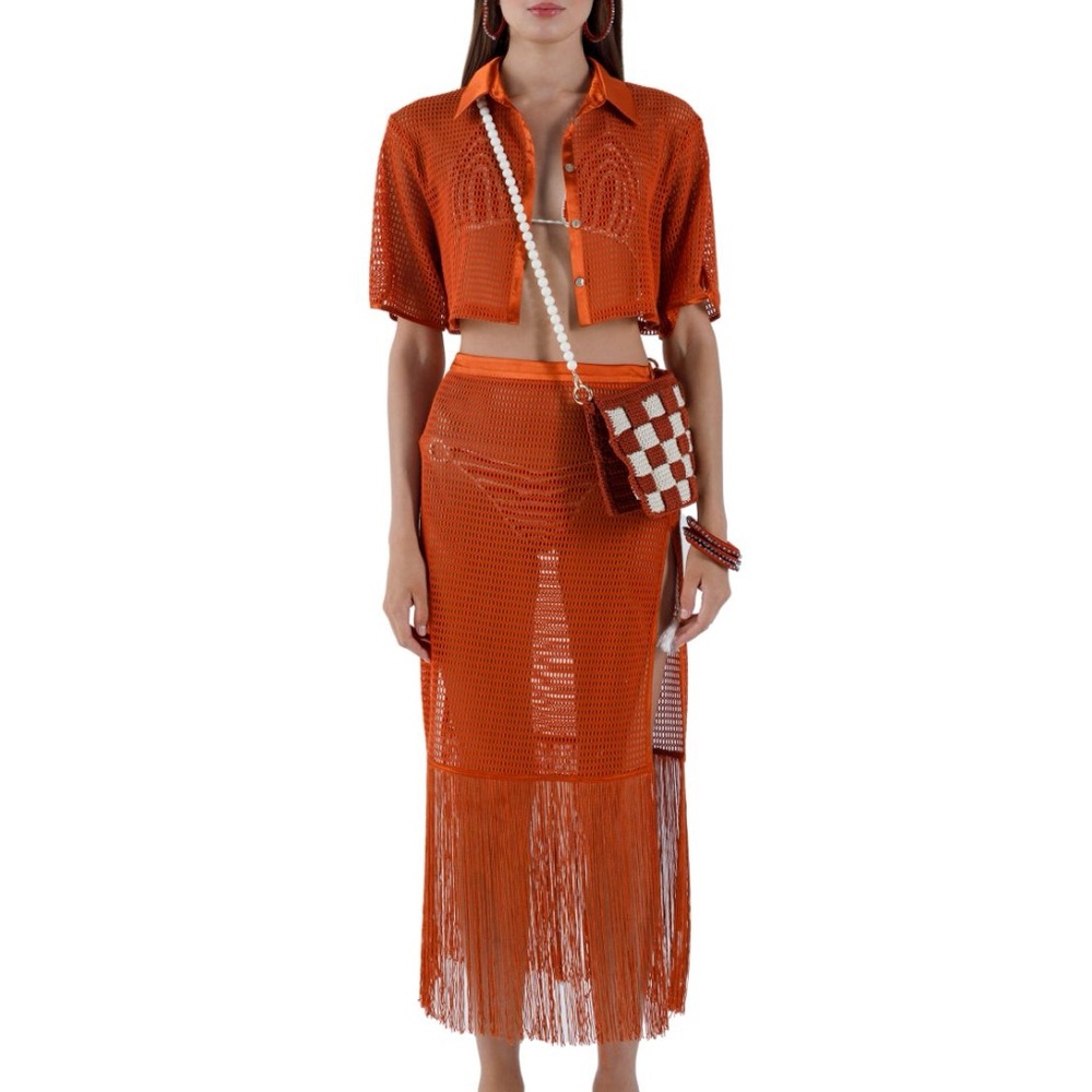 Brown and Orange Cut Out Pencil Midi Coverup
